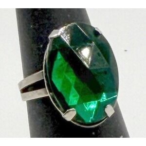 Emerald Color Oval Statement Ring Gold Tone Adjustable 6–6.5